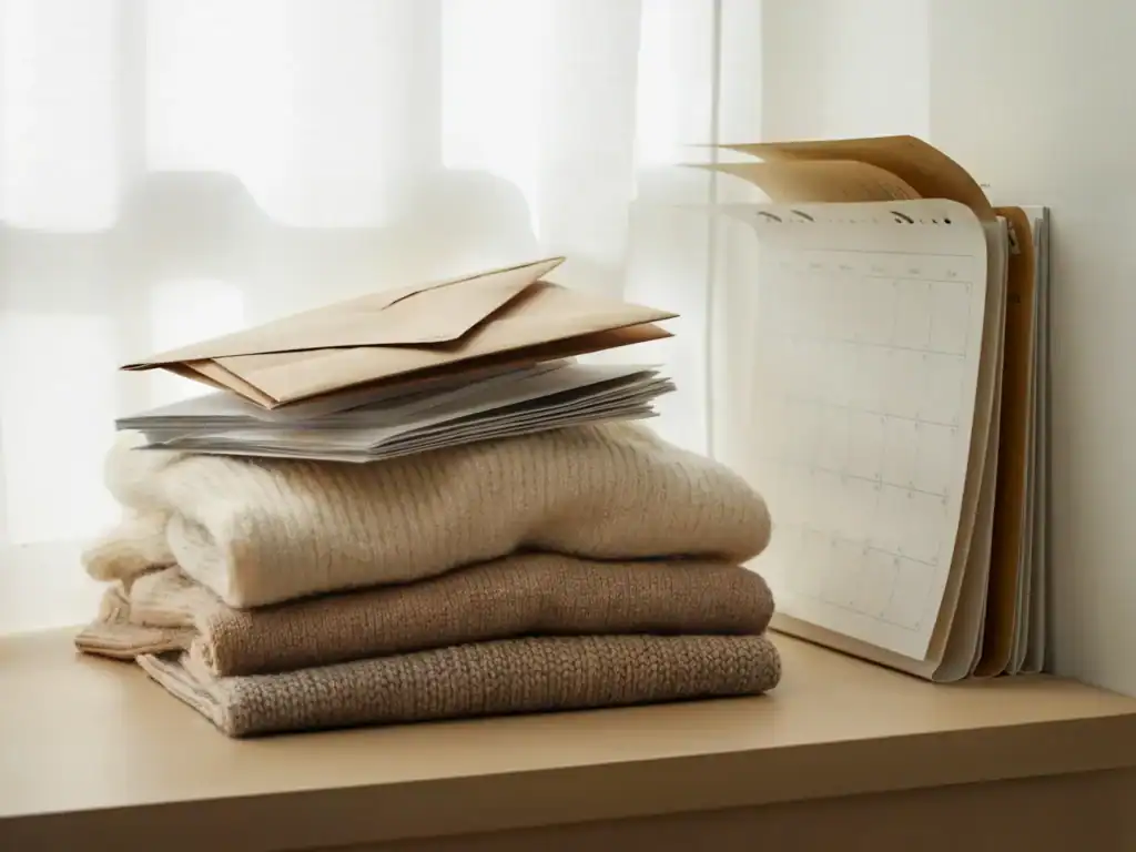 Everyday objects representing accumulated fatigue at the end of the year