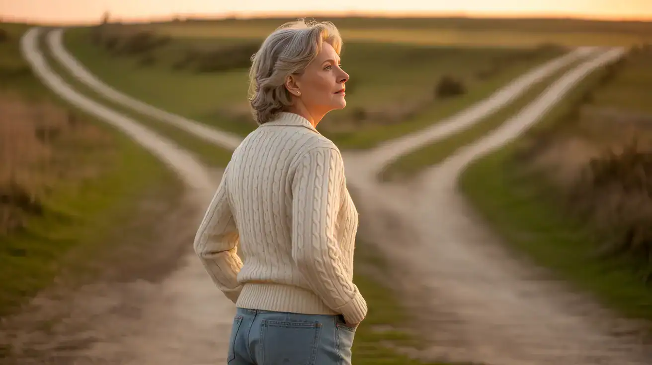 Woman facing retirement transition standing at crossroads contemplating new direction