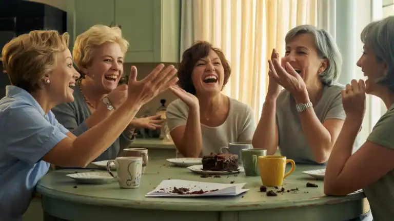 Diverse group of women laughing uproariously around a kitchen table, finally finding their people after life's biggest plot twists