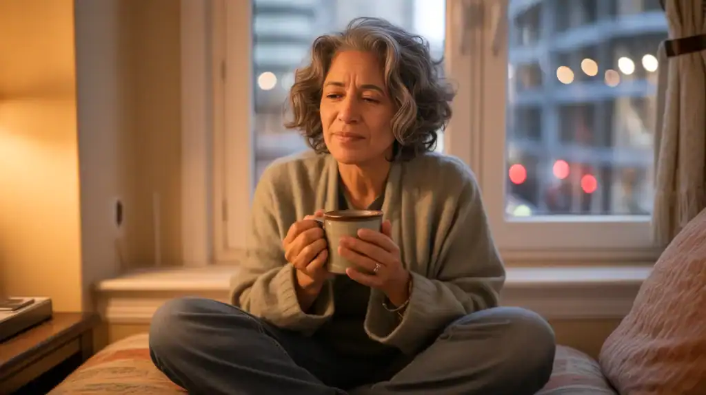 Woman in her 50s by a window reflecting on loneliness and how to find community after a life change