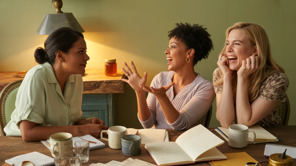Three women deep in lively conversation around a cozy table, with a jar of honey glowing warmly in the background — because finding your hive changes everything