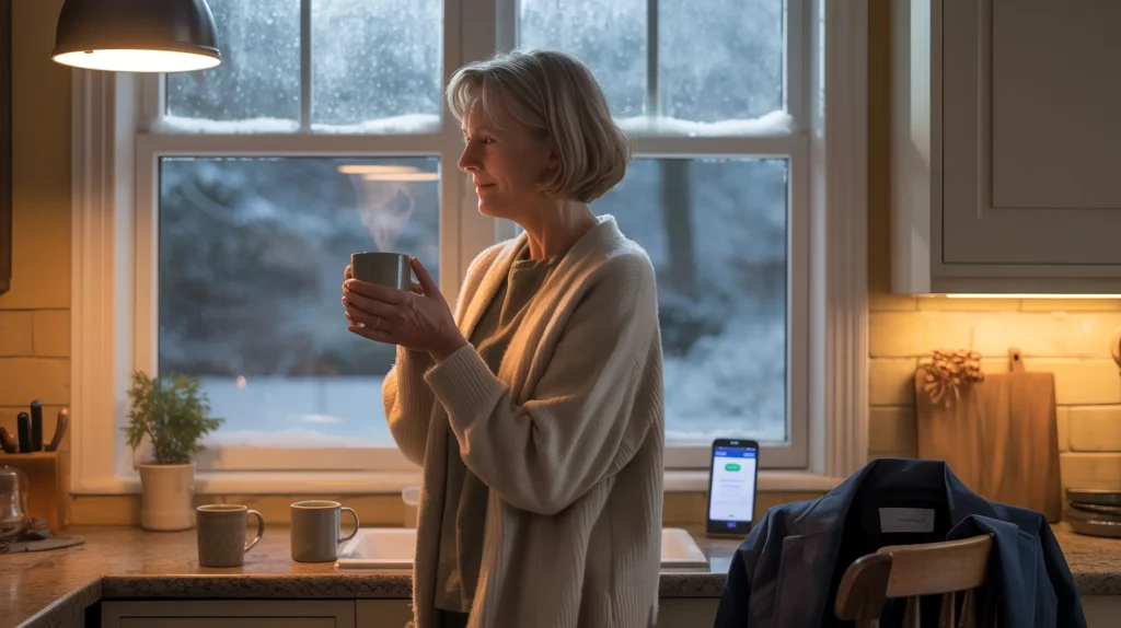 Woman watching a snowstorm from her kitchen window, with the warm glow of new community forming behind her after a life change