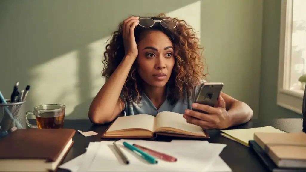 Woman at her desk, phone in hand, working up the nerve to reach out — taking the first brave step in how to find community after life change