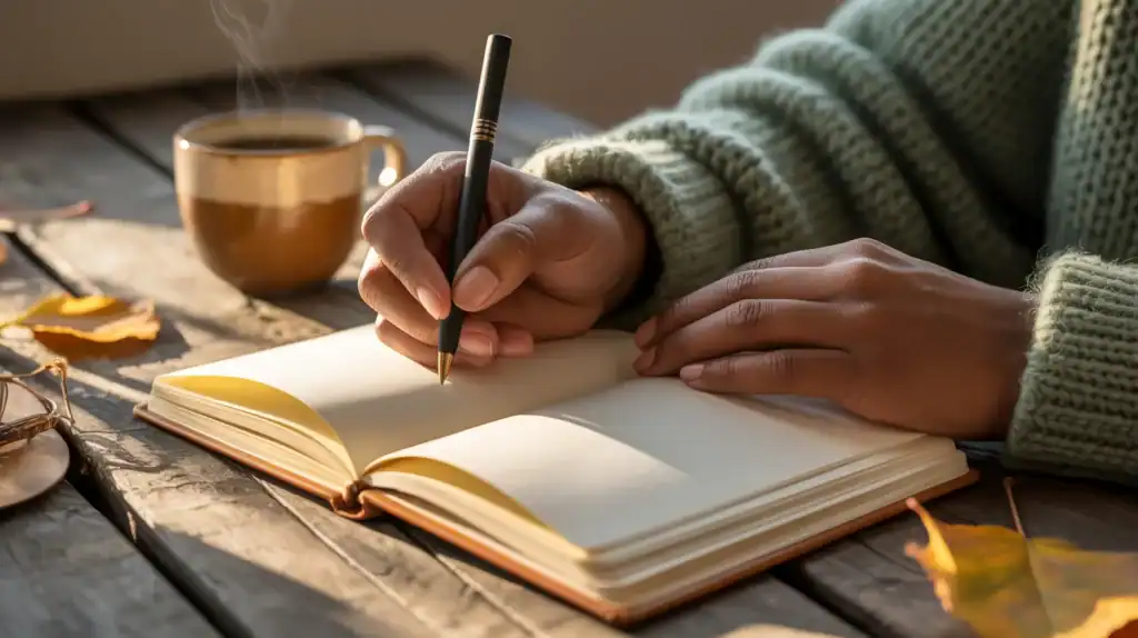 Person journaling about setting boundaries and managing guilt during self-reflection time