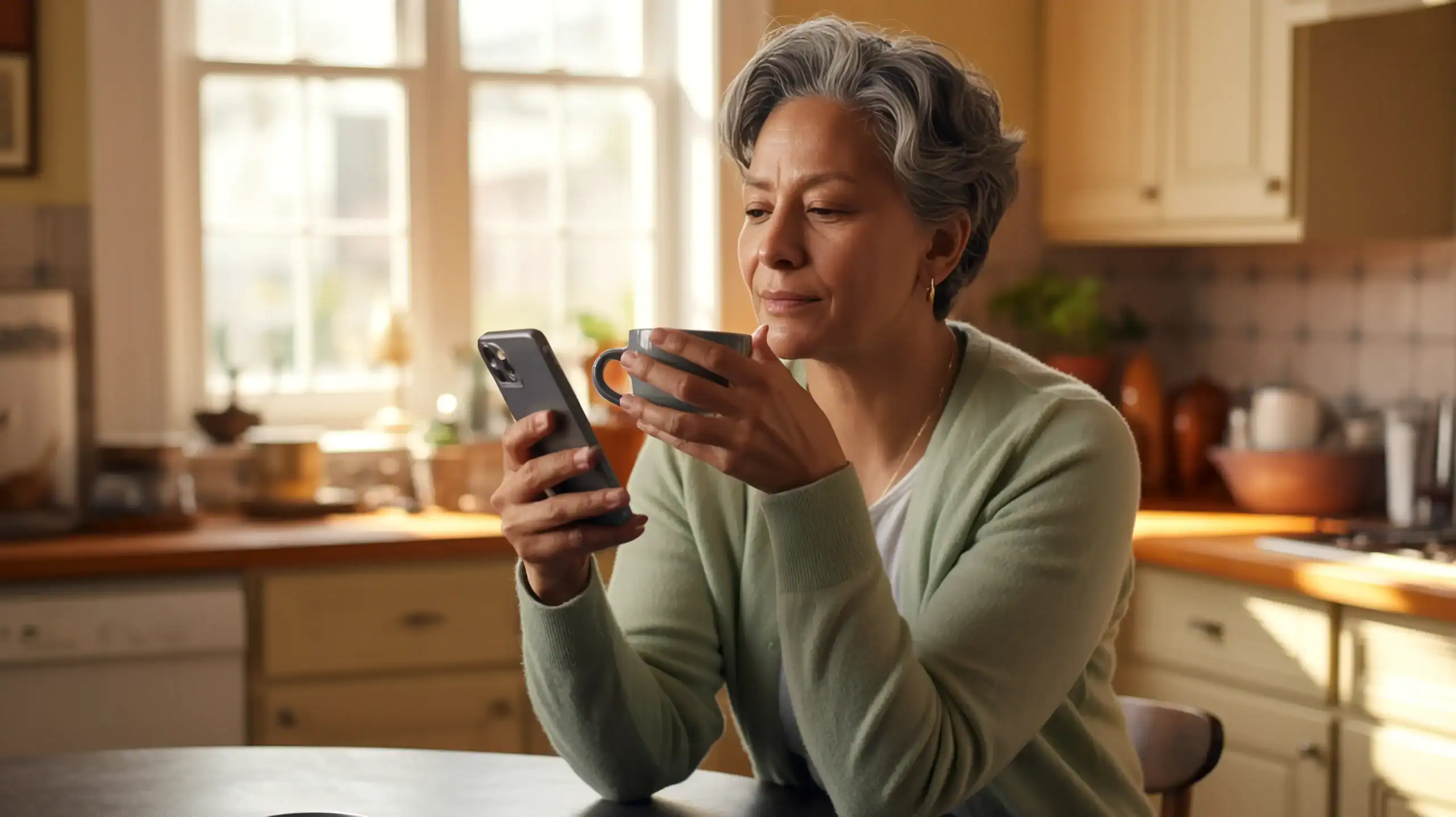 Person thoughtfully holding phone while learning to set boundaries without guilt at kitchen table