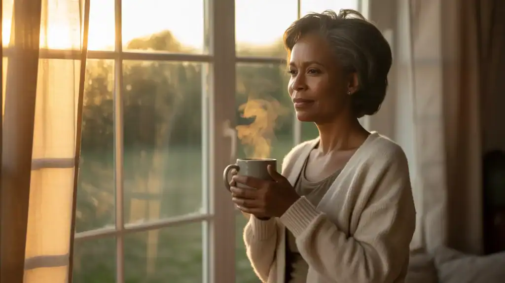 woman in pajamas looking out window, job loss after 50