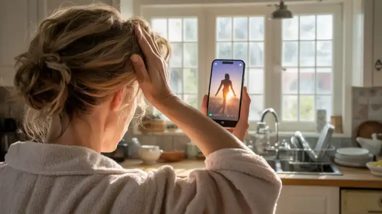 woman in her mid-40s holds her phone showing a perfect Instagram morning routine while standing in her messy kitchen in a robe and bedhead — the relatable reality of trying to build a morning routine when life feels chaotic.