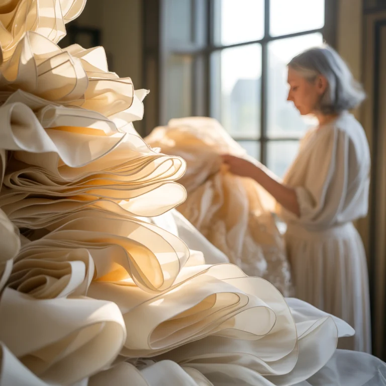 A woman in her early 60s resting her hand on a vintage cream wedding dress spread across a table — a quiet moment of healing grief after losing her mother.
