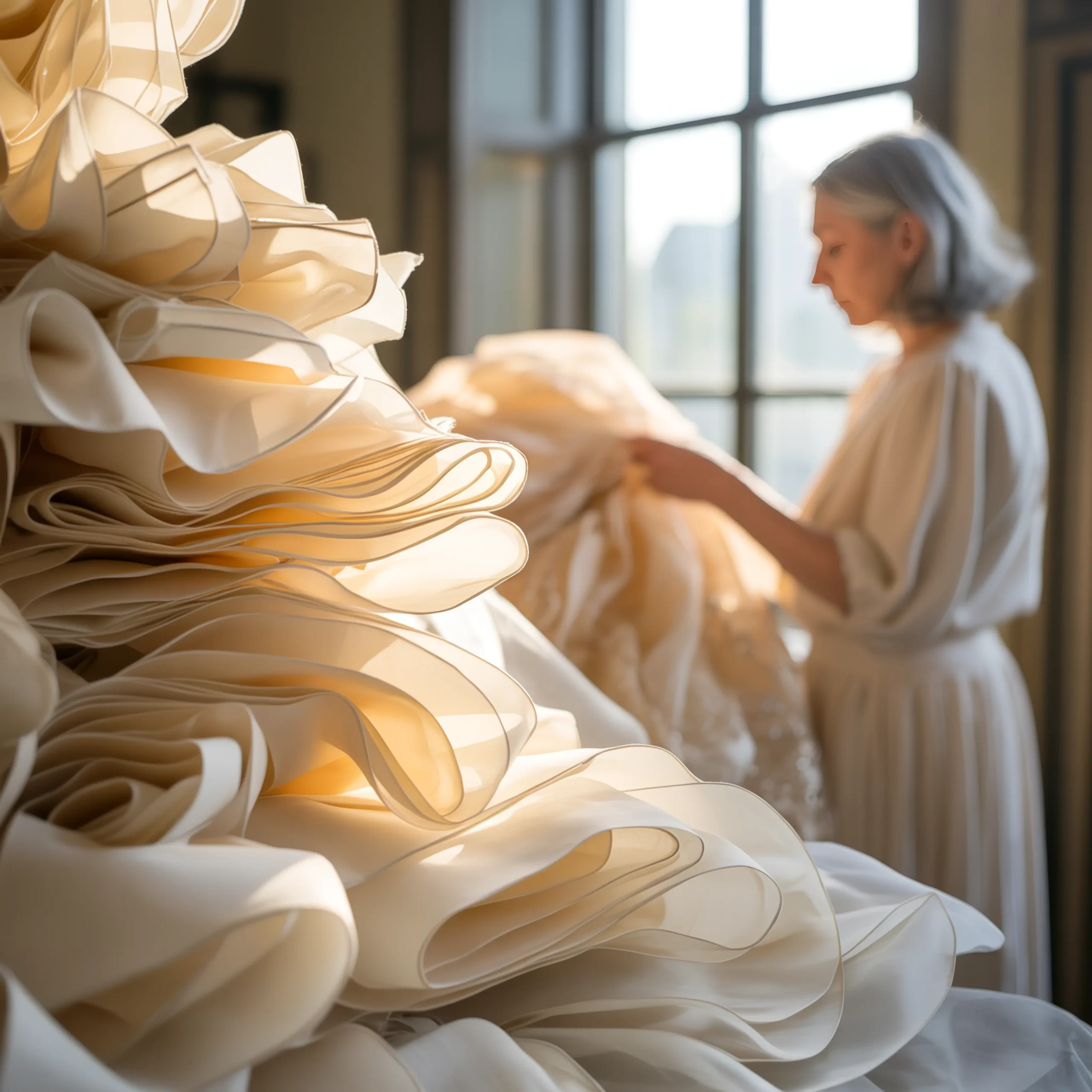 A woman in her early 60s resting her hand on a vintage cream wedding dress spread across a table — a quiet moment of healing grief after losing her mother.