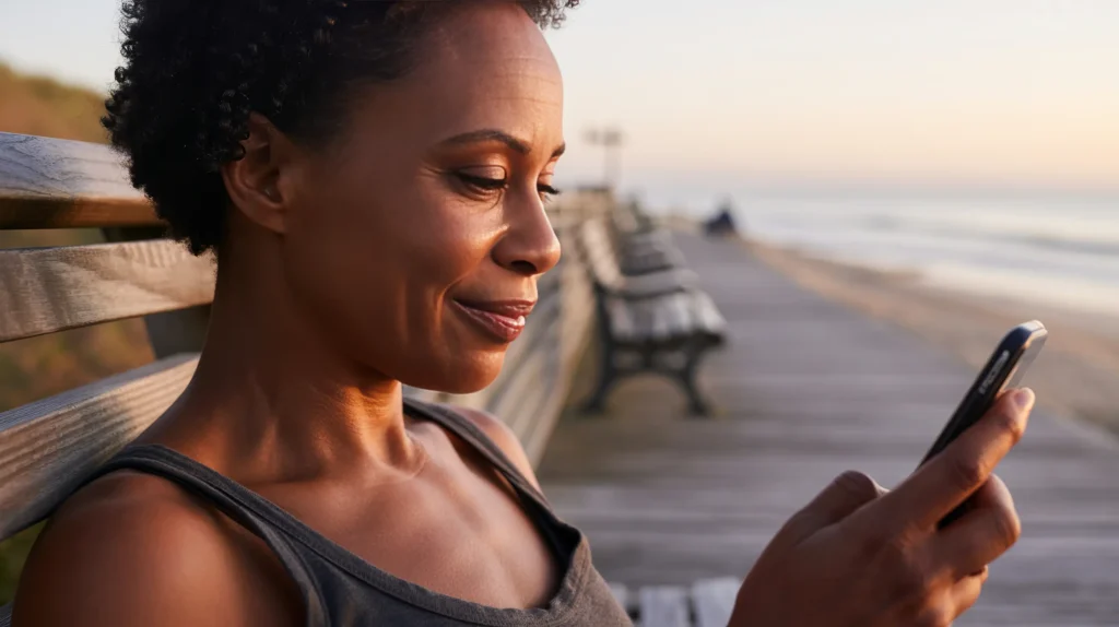 A woman in her mid-40s reading her phone by a window with a small smile — the quiet relief of feeling seen while navigating starting over after a major life change.