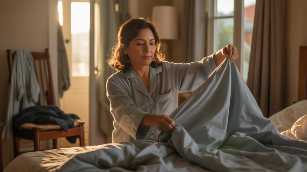 A woman in her mid-40s in pajamas making her bed on an ordinary morning — the quiet dignity of doing the one small thing that counts when you're building a new routine through a life transition.