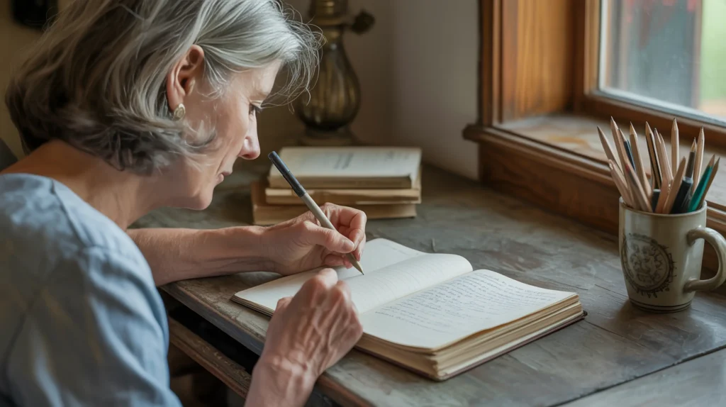 Over-the-shoulder view of a woman in her 60s writing in a journal at her desk — the private, honest work of processing and starting over after a major life change.