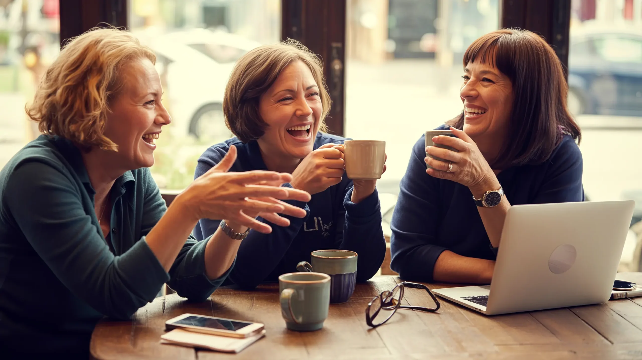 Three women in their 50s sharing coffee around a coffee shop table with an open laptop — the easy warmth of community when starting over after a major life change.