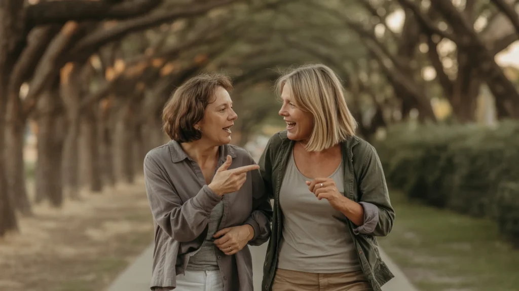 Two women in their 50s walking and talking outdoors — the particular comfort of community with people who are also navigating starting over after a major life change.