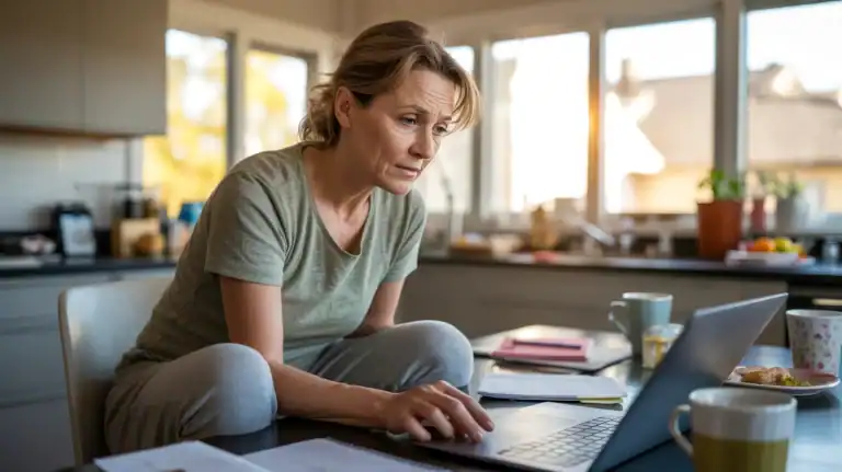 woman starting over at 50 sitting at kitchen table with laptop and coffee