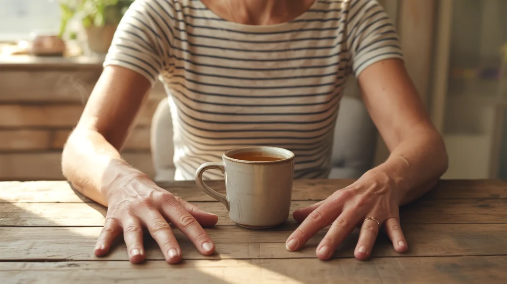 Close-up of a woman's hands pressed flat on a worn wooden table, grounded and deliberate — a simple physical grounding technique for managing anxiety in daily life.