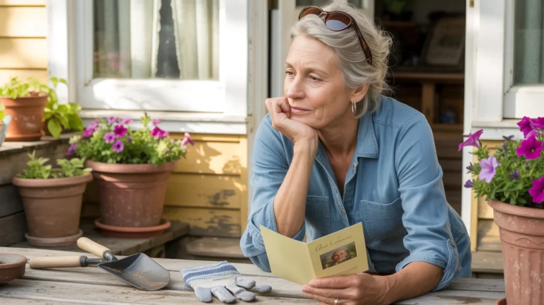 A white woman in her early 60s with silver-streaked hair sits quietly on her porch with an open greeting card — the quiet weight of grief when Mother’s Day is hard.