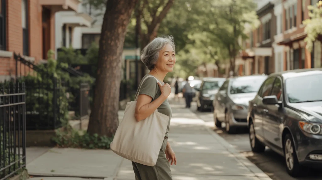 An mature woman walks along a quiet neighborhood street with a tote bag over her shoulder, moving forward at her own pace — a grounded reflection of life after the empty nest and finding a new rhythm.