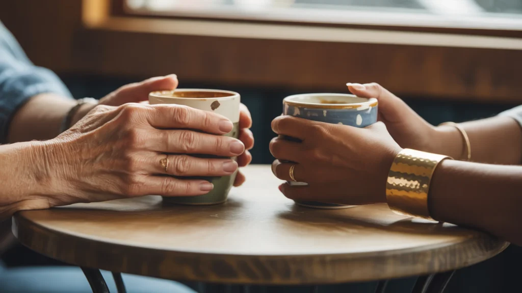 Close-up of two women's hands wrapped around coffee cups on a small cafe table — the quiet intimacy of honest conversation, and the strength of admitting I don't know together.