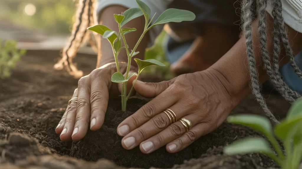 Close-up of a Black woman’s hands pressing soil around a plant in her garden — a quiet, grounding moment for women navigating grief and life transition on complicated holidays.