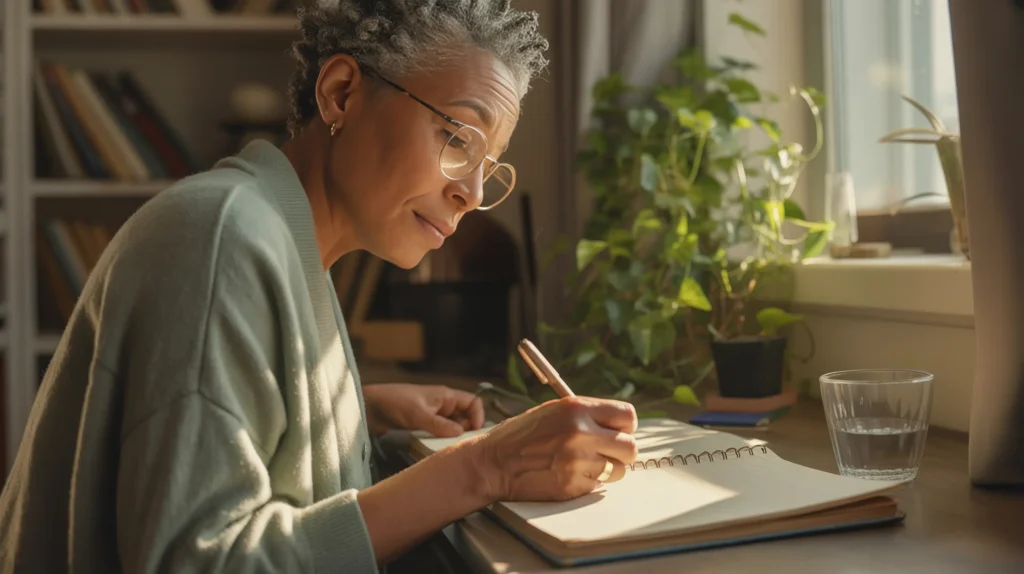  A Black woman in her mid-60s writing in a notebook at a sunlit desk, morning light on the open page — journaling as a grounding practice when anxiety feels like a full-time job