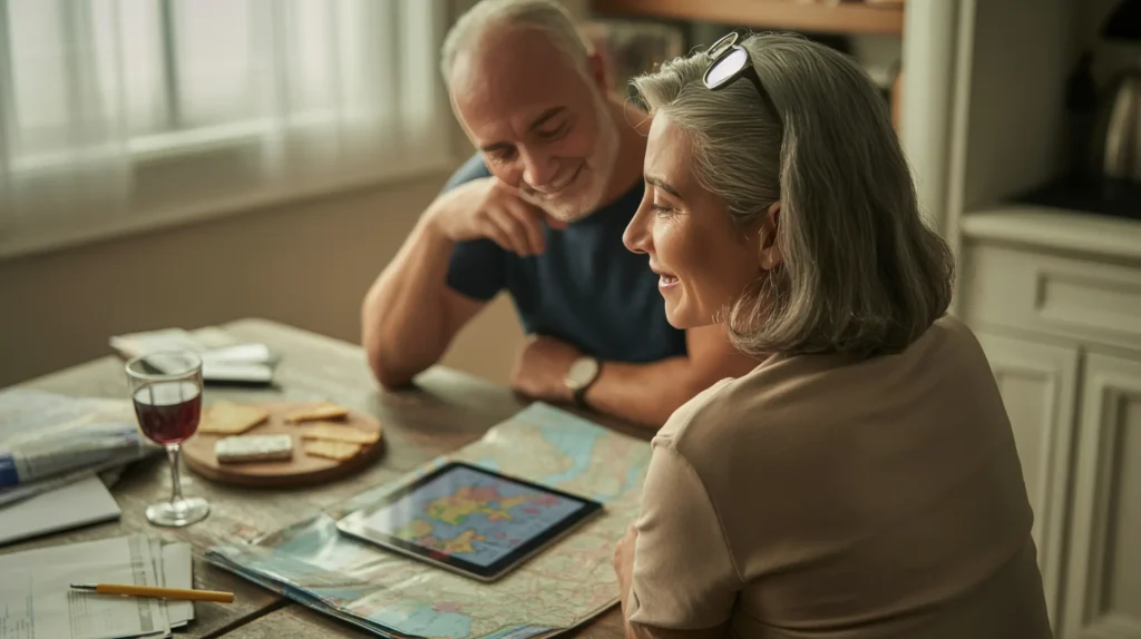 A Latina woman in her late 50s sits at a kitchen table looking at travel ideas on a tablet while her spouse leans in across from her, both appearing quietly curious and engaged — a glimpse into how the empty nest transition can open space for new shared possibilities in a relationship.