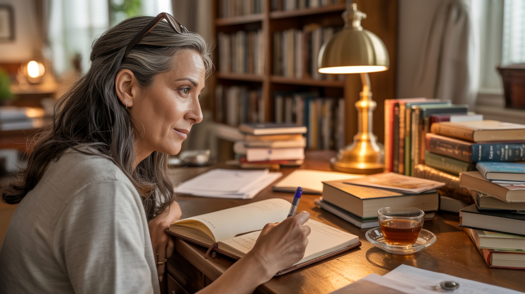 A Latina woman in her late 40s writing thoughtfully in a journal at her home desk — journaling as a tool for building the self-awareness that makes saying "I don't know" feel like strength.