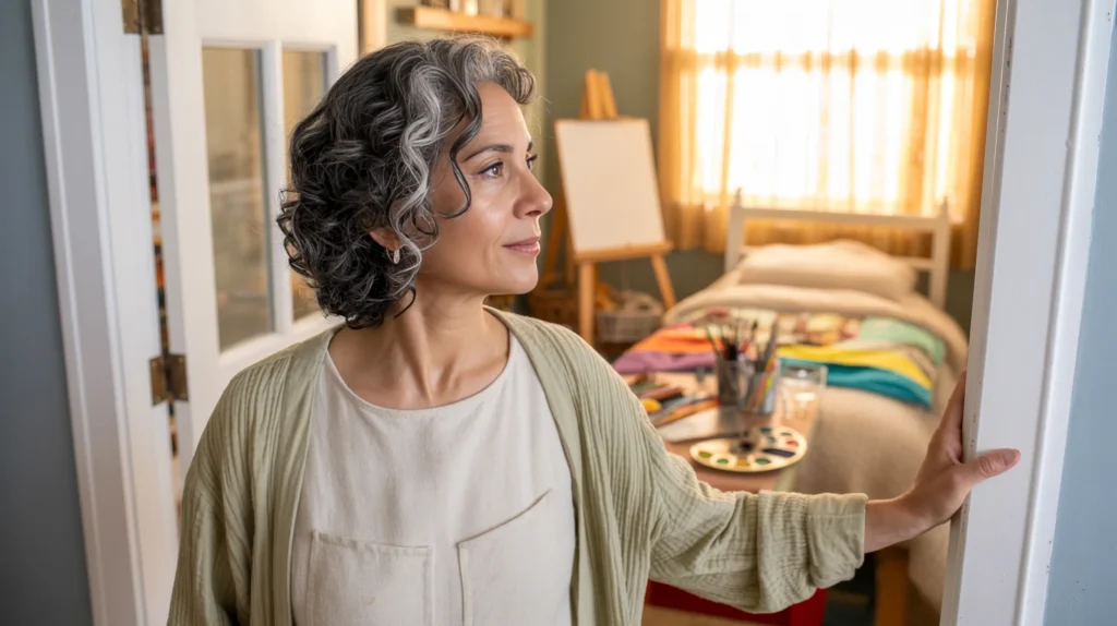 A Latina woman in her late 50s stands in the doorway of her child’s former room, one hand on the frame, t
he quiet grief of the empty nest that Mother’s Day makes visible while also moving forward in her own life.