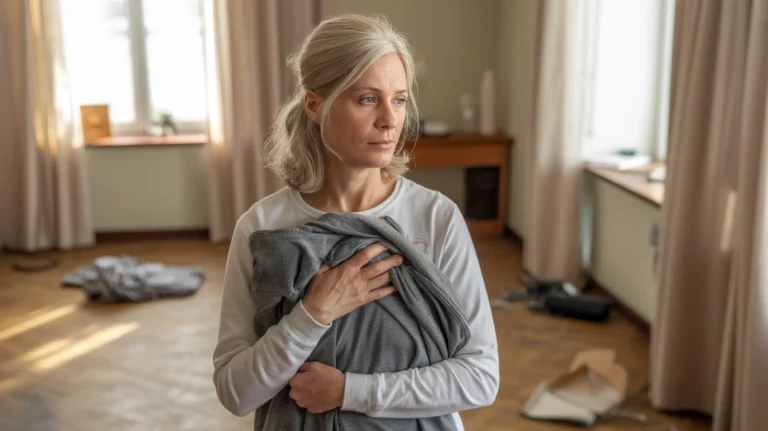A woman in her early 50s stands in a half-empty bedroom holding a folded sweatshirt — a quiet moment that captures the emotional reality of the empty nest transition.