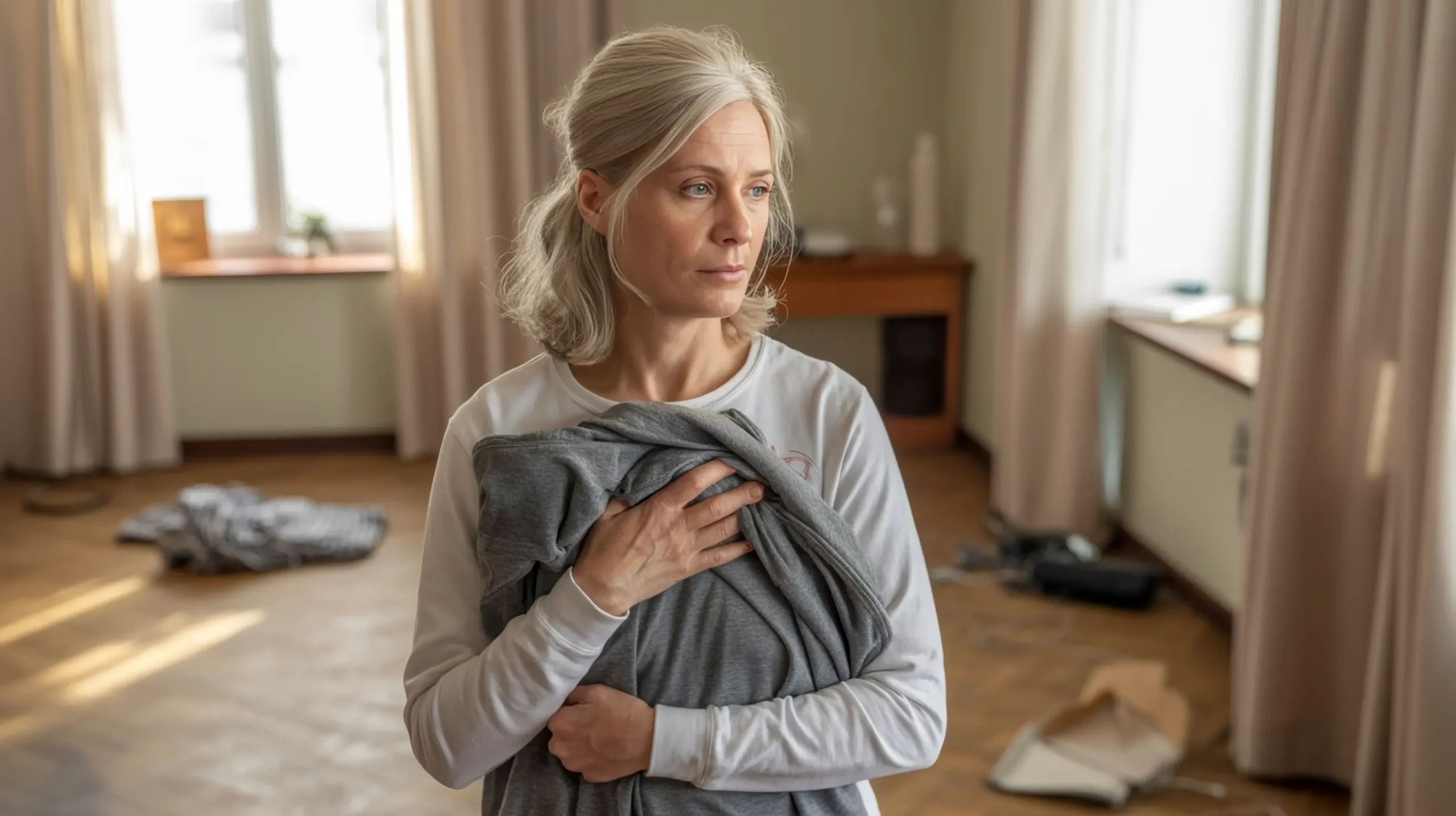 A woman in her early 50s stands in a half-empty bedroom holding a folded sweatshirt — a quiet moment that captures the emotional reality of the empty nest transition.