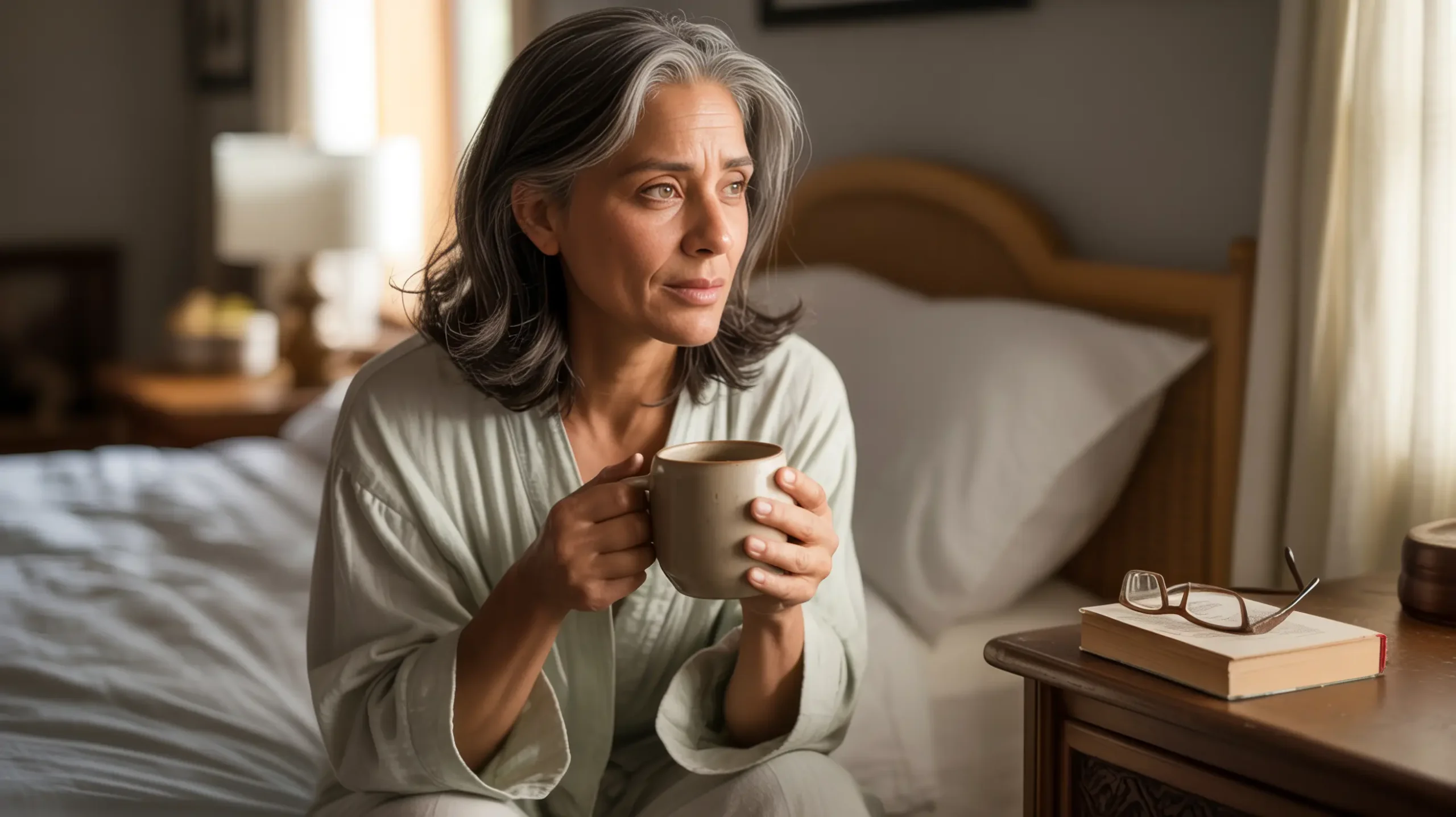 A Latina woman in her early 50s sitting on her bed in early morning light holding an untouched mug, her expression tired and inward — the quiet start of a day when anxiety feels like a full-time job.