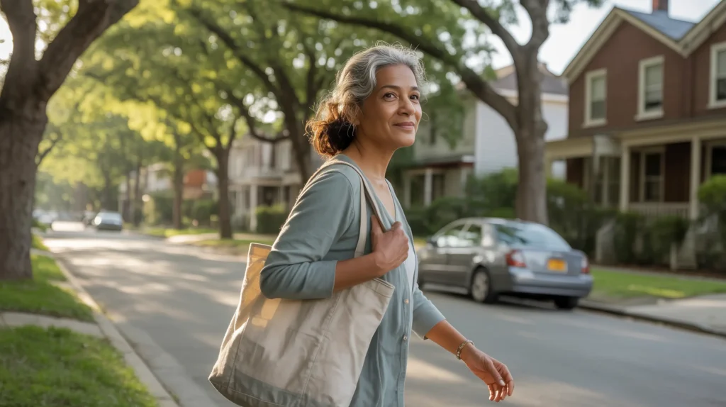 A South Asian woman in her early 60s walking alone on a quiet tree-lined sidewalk  calm and unhurried — movement as a way to interrupt anxiety and reconnect with the present moment