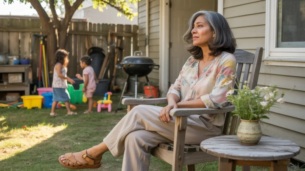 A South Asian woman in her early 50s watches children playing, wistful  her own quiet way through when Mother’s Day is hard.