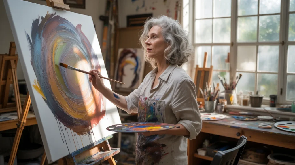 A silver-haired woman in her early 60s painting boldly at a large canvas in her home studio, paint on her arms and cheek — a woman who didn't wait for the permission slip nobody gave you and gave herself permission to want more from life and is living it.