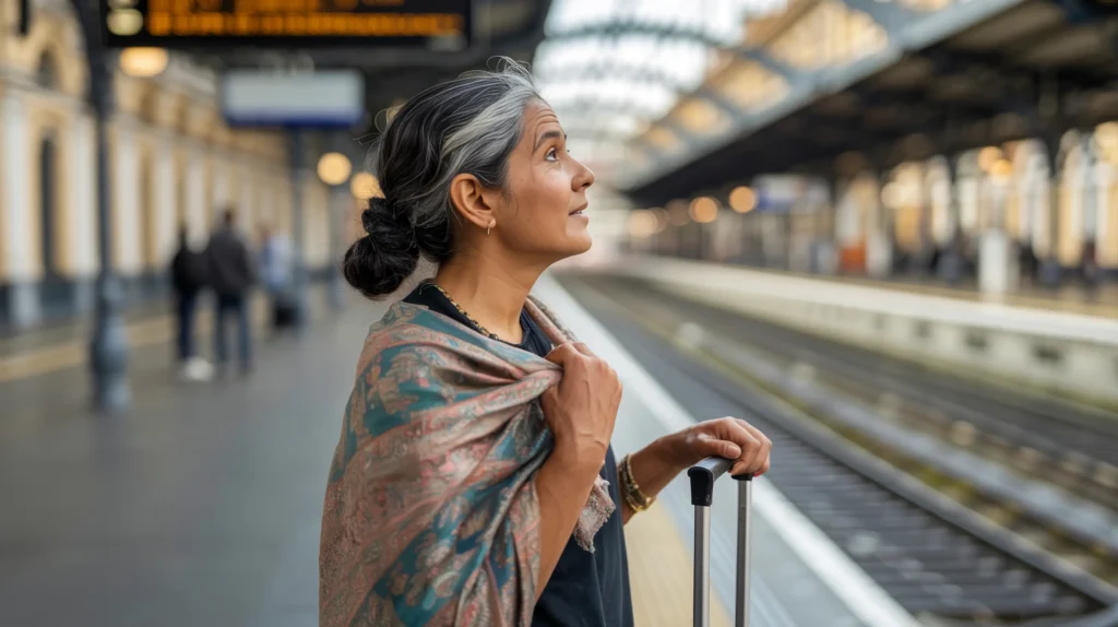  A South Asian woman in her late 50s stands alone at a European train platform with her bag, looking up at the departures board with quiet disbelief — she gave herself The Permission Slip nobody gave her
 to want more from life and got on the train.
