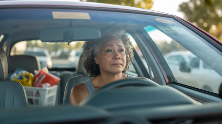 A Black woman in her mid-50s sits alone in a parked car, keys in hand, on the edge of tears — the private moment of longing before giving herself permission to want more from life.