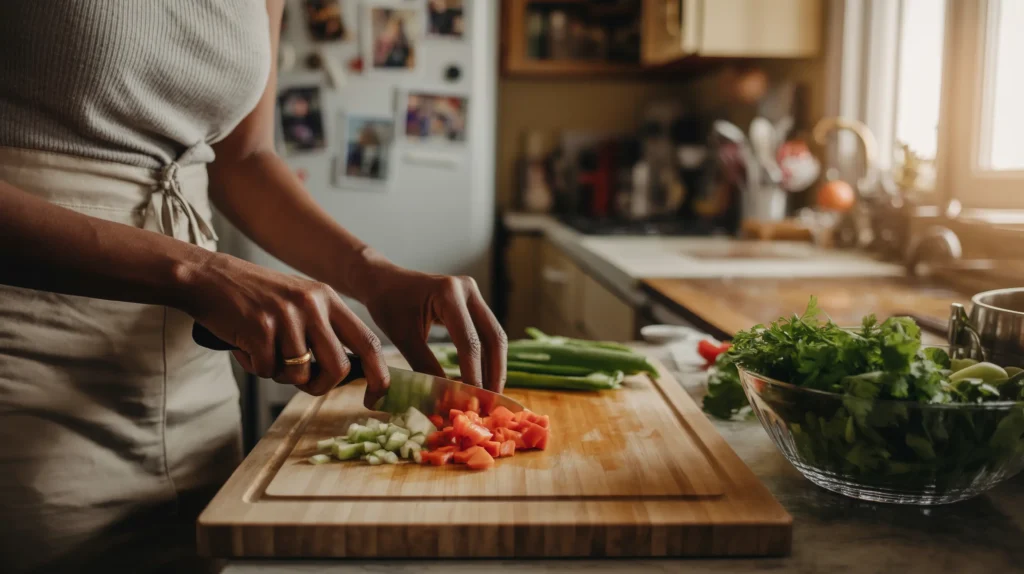 Close-up of a woman’s hands preparing food in a lived-in kitchen with an extra plate set out of habit — a small, everyday reminder of how empty nest life shows up in ordinary routines.