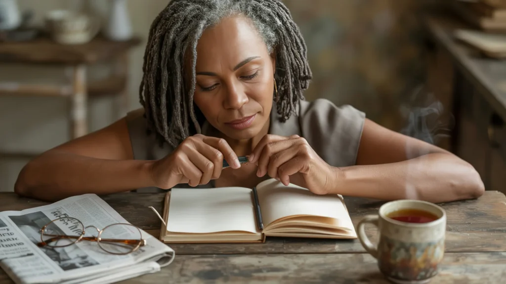 A Black woman in her late 50s writes in a journal at a lived-in table — one of the small, quiet acts of building a new life when you weren't ready.