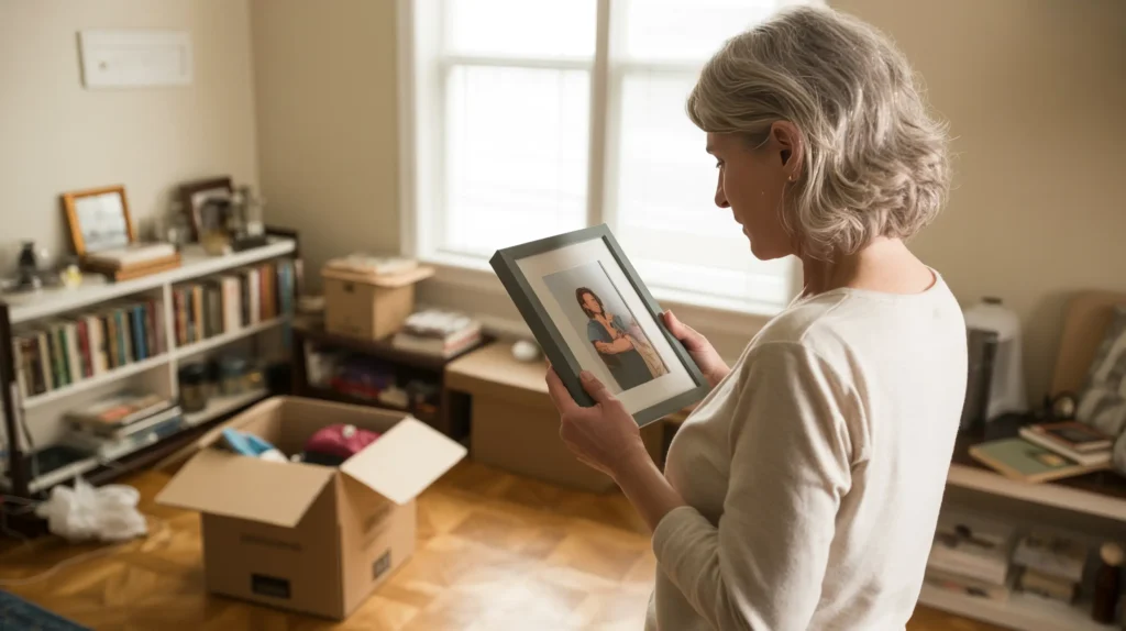 Seen from behind, a woman in her early 60s holds a framed photo in a room mid-reorganization — the honest, unglamorous work of building a new life after everything changes.