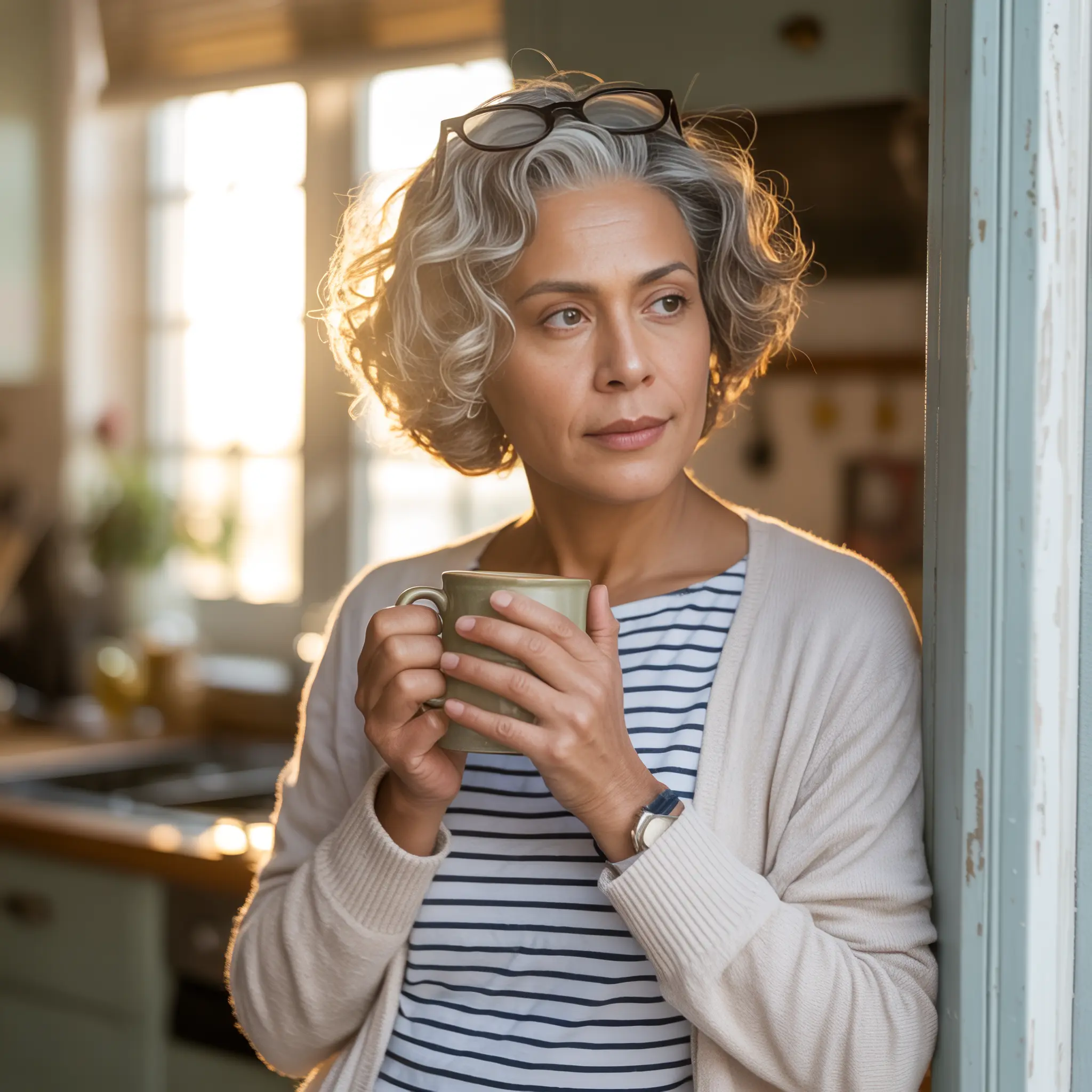 A Latina woman in her early 50s with silver-streaked curly hair stands in a kitchen doorway holding a mug, looking contemplative — the quiet moment of someone beginning to build a new life when she wasn't ready