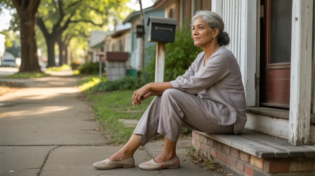 A South Asian woman in her mid-60s sits quietly on a porch step in late afternoon light, looking settled and grounded — a moment of stillness in the middle of navigating a major life transition.