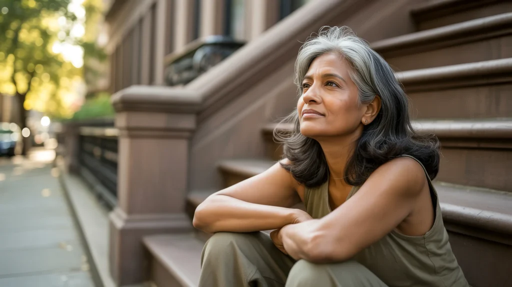 A South Asian woman in her late 50s sits alone on a city stoop in late afternoon light, face relaxed, doing nothing at all — a woman in the quiet, unhurried practice of giving herself permission to start over.