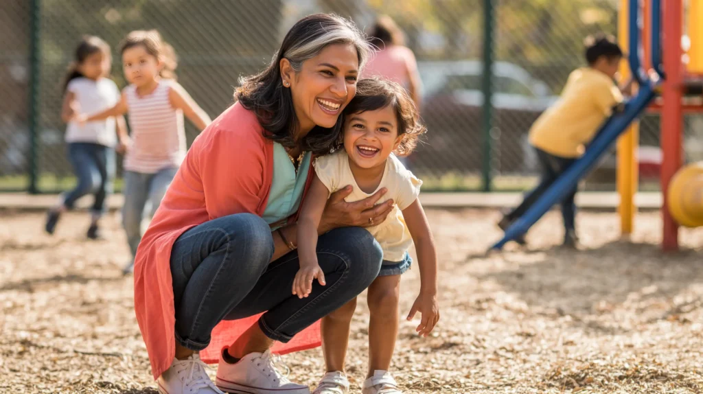 A South Asian woman in her early 60s crouches at a playground to meet her grandchild eye-to-eye -- a joyful image of the full, irreplaceable life that is worth showing up for.
