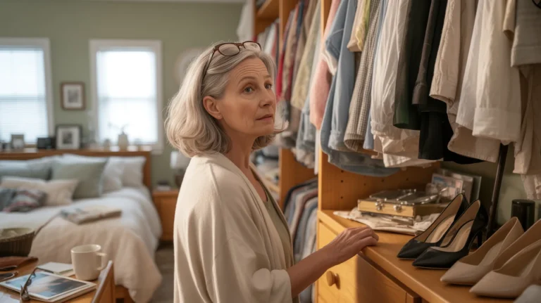 A white woman in her mid-50s stands before an open closet full of clothes in soft morning light, looking past them with a quiet, weighted expression — the private pause of a woman learning to give herself permission to start over