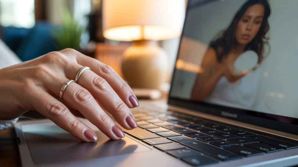 Close-up of a Latina woman’s hands resting on a laptop keyboard with a form blurred on screen — the in-between moment of deciding to stop waiting to feel ready and finally press submit.
