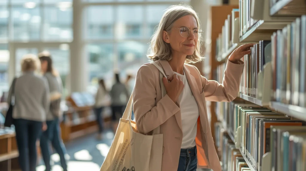 Wondering if you should keep going — a woman sits in a library, surrounded by books, lost in thought