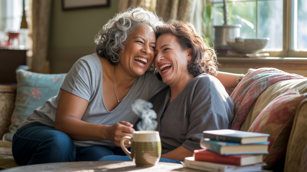 Two women in their late 50s and early 60s share a genuine laugh on a sofa -- the warmth of the community that holds you when you are wondering whether to keep going.