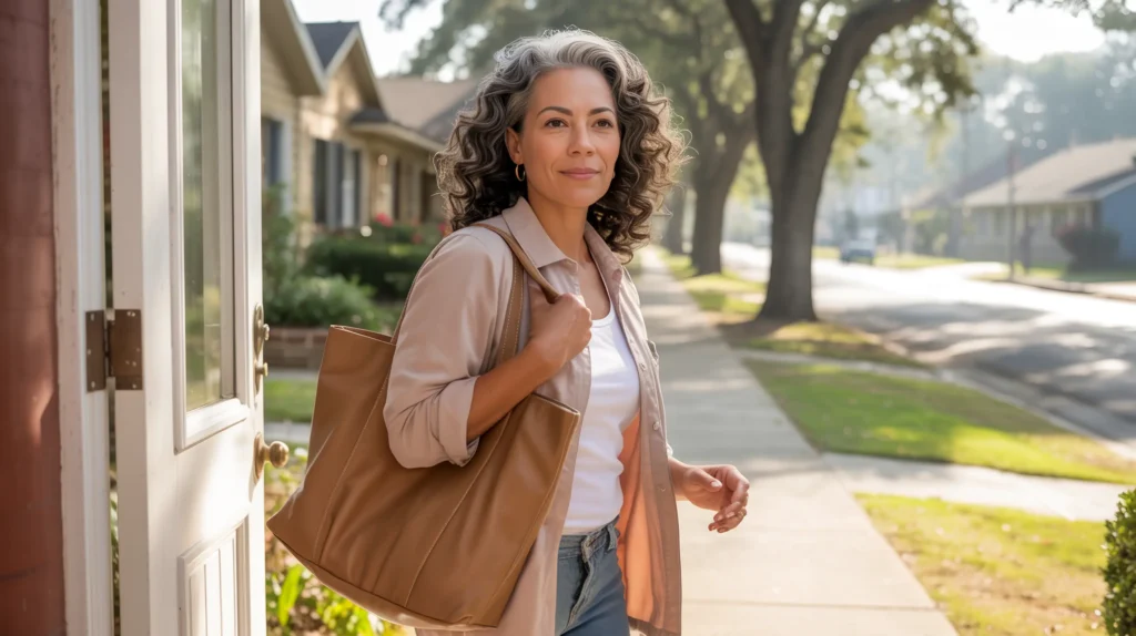 Latina woman stepping out the door
given herself permission to start over and is simply beginning."