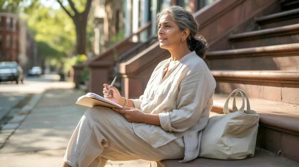 A South Asian woman in her early 60s sitting on a brownstone stoop with an open journal, looking up from the page with a thoughtful expression — the private moment of deciding to stop waiting and begin.