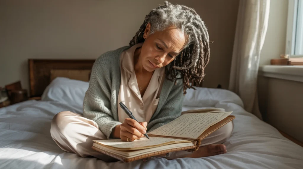 A Black woman in her early 60s writes in a journal while seated on her bed in morning light, her expression focused and resolved -- a woman practicing the daily work of giving herself permission to start over, one page at a time.